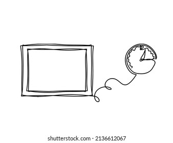 Abstract picture frame with clock as continuous lines drawing on white background. Vector