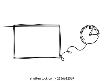 Abstract picture frame with clock as continuous lines drawing on white background. Vector