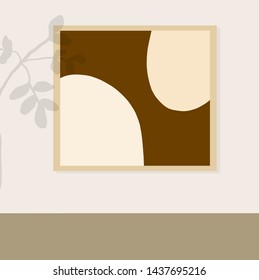 Abstract picture in frame with falling shadow from a branch with leaves. Hand drawn interior design. 