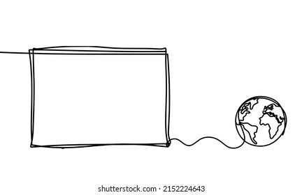 Abstract picture frame with globe as continuous lines drawing on white background. Vector