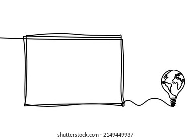 Abstract picture frame with globe light bulb as continuous lines drawing on white background. Vector