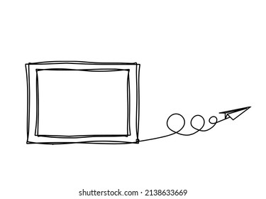 Abstract Picture Frame With Paper Plane As Continuous Lines Drawing On White Background. Vector