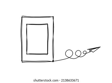 Abstract Picture Frame With Paper Plane As Continuous Lines Drawing On White Background. Vector