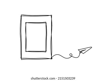 Abstract Picture Frame With Paper Plane As Continuous Lines Drawing On White Background. Vector