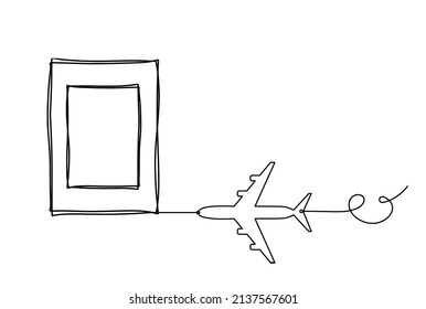 Abstract Picture Frame With Plane As Continuous Lines Drawing On White Background. Vector