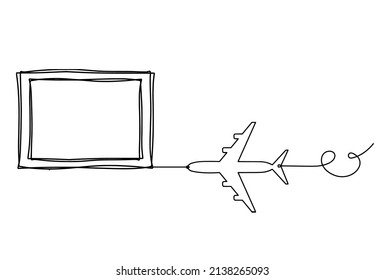 Abstract Picture Frame With Plane As Continuous Lines Drawing On White Background. Vector