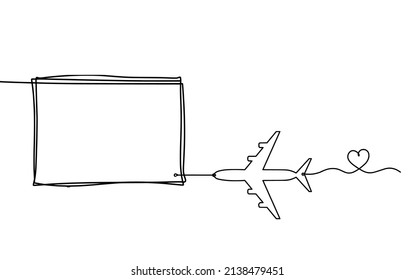 Abstract Picture Frame With Plane As Continuous Lines Drawing On White Background. Vector