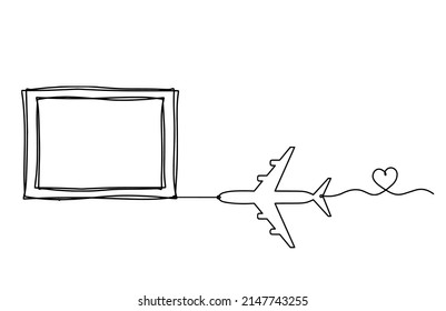 Abstract Picture Frame With Plane As Continuous Lines Drawing On White Background. Vector