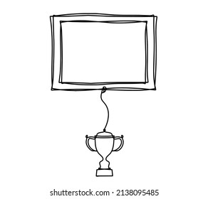 Abstract picture frame with trophy as continuous lines drawing on white background. Vector