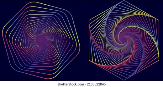 Abstract picture of geometric shapes that spin in a spiral circle from small to large. on a purple background