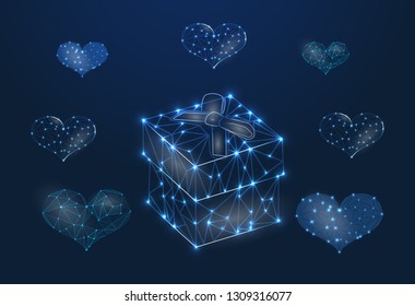 An abstract picture of a gift consisting of lines, shapes. Heart, love, Valentine's Day. Low poly polygonal space with connecting points and lines.