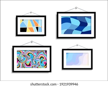 Imagen abstracta colgada en la pared. Resumen de arte en una galería sobre fondo blanco. Establece el aislamiento de las pinturas abstractas de color vectorial. 