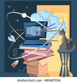 Abstract picture illustrator skills, computer user, flat. Vector illustration