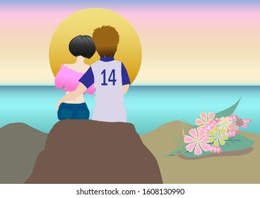 Abstract picture of a lovely couple sitting on the rock by the sea the sky are colorful with sweet pastel color tone.  A beautiful bouquet flower lay on the rock behind them.  For valentine's day, wed