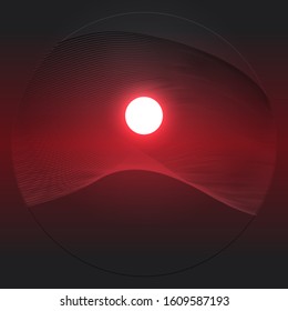 Abstract picture of nature in a round frame. Sun, mountain, clouds. Vector.