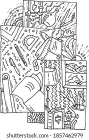 Abstract picture of school on background of doodle pattern