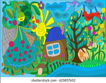 Abstract picture of a small house in the forest