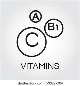 Abstract picture of vitamins. Three icons of vitamins A, C and B1 in outline style. Science and healthy lifestyle concept. Simple line logo for desing, websites or mobile apps. Vector contour graphics