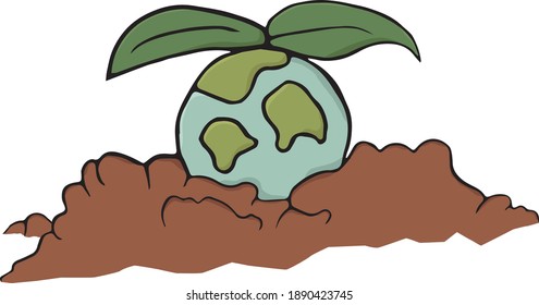 An abstract picture of the world rising from the ground and leaves on the earth.