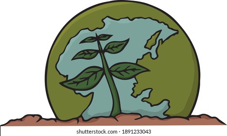 An abstract picture of the world rising from the ground and leaves on the earth.