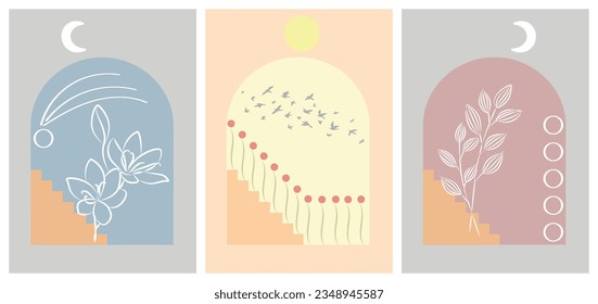 Abstract pictures of day and night with plants, figures, birds, stairs. The drawings are completely different. Can ba used for postcards or interior design.