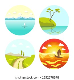 Abstract picturesque seascape icons in circle. Sea with mountains and sunny sky, boat sailing in open waters on sunset, green island and field landscape. Marine art set of four vector illustrations.