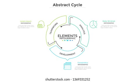 Abstract pie chart divided into 3 sectors with arrows or pointers. Three steps of startup project development cycle. Simple infographic design template. Modern vector illustration for presentation.