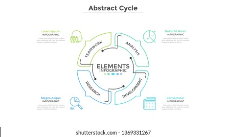 Abstract pie chart divided into 4 sectors with arrows or pointers. Four steps of startup project development cycle. Simple infographic design template. Modern vector illustration for presentation.