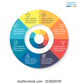 Abstract pie chart, graph, diagram with 8 steps, options, parts, processes with arrows. Vector business template for presentation and training.