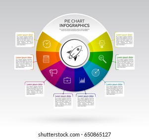 Abstract pie chart graphic for business design. Template circle with 8 steps, icons and text boxes. Vector illustration esp 10.