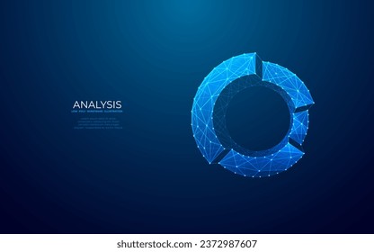  Abstract pie chart top view on technology blue background in futuristic low poly wireframe hologram style. Business analysis concept. Polygonal digital circle diagram or graph chart with 3D effect.