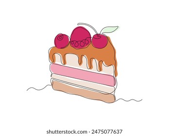 Abstract piece of cake with berries, dessert,continuous single line art drawing sketch, logo
