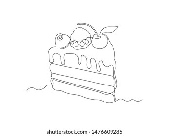 Abstraktes Stück Kuchen mit Beeren, Dessert, durchgehende Single Line Art Zeichnungsskizze, Logo