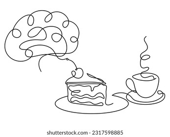 Abstract piece of cake and brain as continuous lines drawing on white background