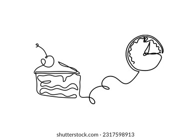 Abstract piece of cake and clock as continuous lines drawing on white background. Vector