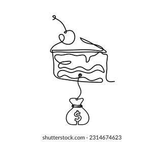 Abstract piece of cake and dollar as continuous lines drawing on white background. Vector