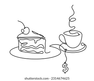 Abstract piece of cake and dollar as continuous lines drawing on white background. Vector