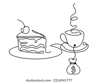 Abstract piece of cake and dollar as continuous lines drawing on white background. Vector