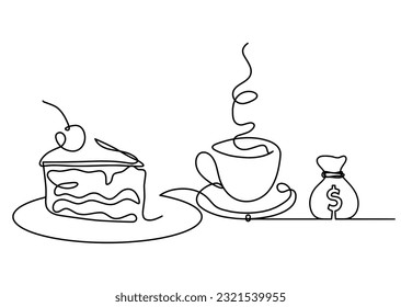 Abstract piece of cake and dollar as continuous lines drawing on white background. Vector
