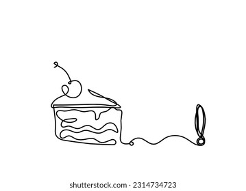 Abstract piece of cake and exclamation mark as continuous lines drawing on white background. Vector