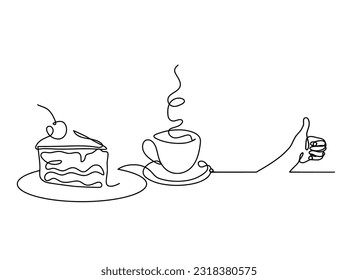 Abstract piece of cake and hand as continuous lines drawing on white background. Vector