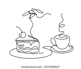 Abstract piece of cake and hand as continuous lines drawing on white background. Vector