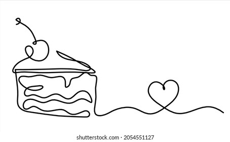 Abstract piece of cake and heart as continuous lines drawing on white background. Vector