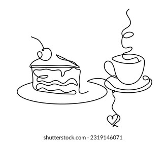 Un pedazo abstracto de tarta y corazón como líneas continuas dibujando sobre fondo blanco. Vector