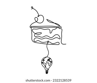 Abstract piece of cake and light bulb as continuous lines drawing on white background. Vector