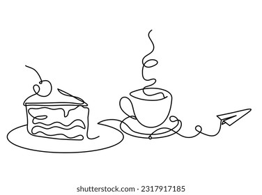 Abstract piece of cake and paper plane as continuous lines drawing on white background. Vector