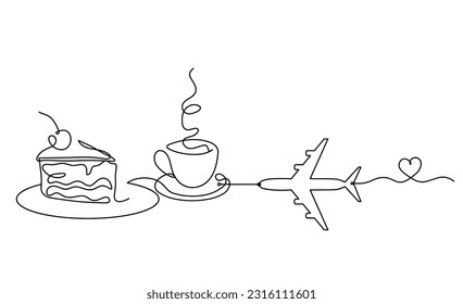 Abstract piece of cake and plane as continuous lines drawing on white background. Vector