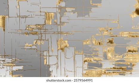 Abstract piece features a minimalist design with structured gold lines over a soft gray backdrop. Its geometric precision and subtle textures create an elegant, modern, and refined composition