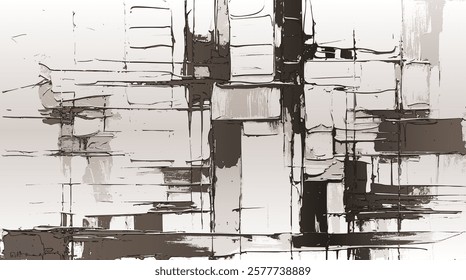 Abstract piece featuring fragmented shapes and layered forms. The contrast between light and dark elements creates a rhythmic balance, reminiscent of a cityscape in deconstruction