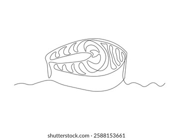 Abstract piece of fish, salmon steak,pink salmon,trout, continuous single one line art hand drawing sketch logo